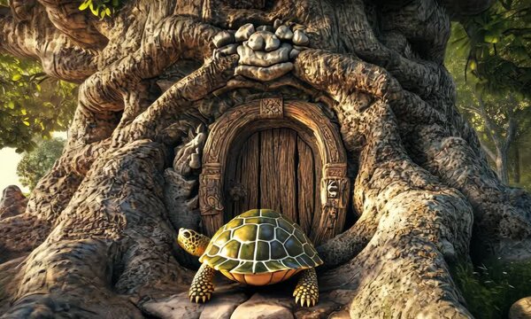 Enchanted Turtle at Ancient Tree Door in Magical Forest Setting with ai generated.