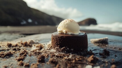 Chocolate Dessert with Ice Cream on Sandy Beach Shoreline