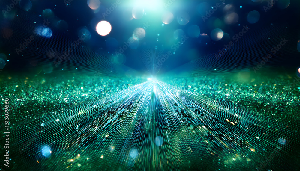 Poster luminous lines radiate from a central point on a textured green surface, with bokeh lights and a bri