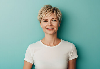 Obraz premium Smiling woman in a white t-shirt against turquoise background, exuding warmth and approachability