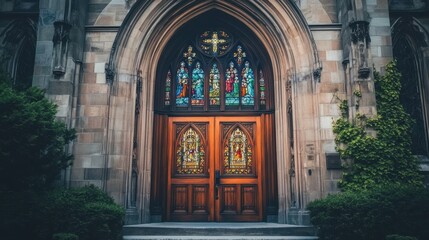 Fototapeta premium An ornate wooden church door, its arched frame decorated with stained glass windows.
