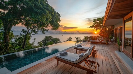 Fototapeta premium A beachfront modern villa with a wooden deck, private pool, and panoramic sea views at sunset.