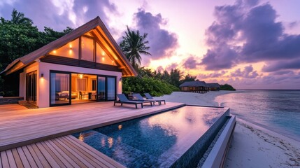 Fototapeta premium A beachfront modern villa with a wooden deck, private pool, and panoramic sea views at sunset.