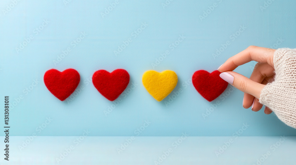 Aufkleber hand arranging colorful felt hearts on a soft blue background, creating a vibrant and playful displa