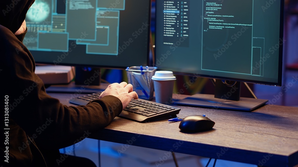 Poster hacker hiding in underground bunker, chatting with friend in telephone call, anxious after stealing 