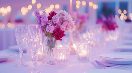 Elegant evening table setting with pink flowers and crystal glasses