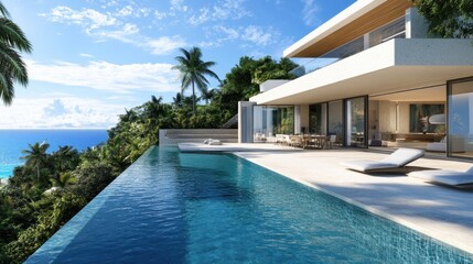Fototapeta premium A breathtaking luxury house with a sleek modern design, infinity pool, and panoramic ocean views.