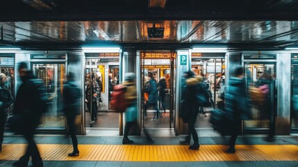 A busy subway station with glass doors separating passengers from the tracks.