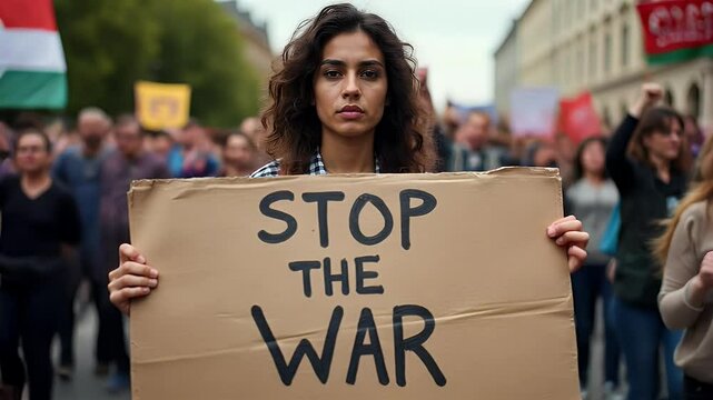 Young woman holding cardboard sign reading "stop the war" while marching in peaceful protest with diverse group of protestors, advocating for peace and demonstrating against armed conflict