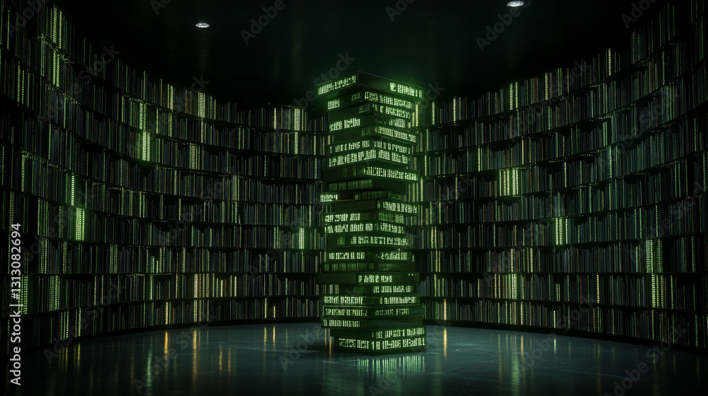 Poster illuminated data: a tall pillar of shimmering, vibrant text stands in the center of a room surrounde