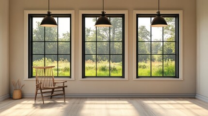 Fototapeta premium Empty room with large windows overlooking a grassy field. Interior design