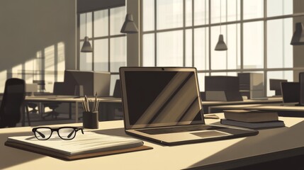 Naklejka premium 80.A minimalist workspace in a large office, featuring a laptop, eyeglasses, and a notebook on a clean desk, with soft shadows and a distant view of workstations and dividers under subdued lighting.