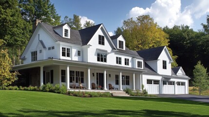 Obraz premium A contemporary farmhouse with white wooden siding, a wraparound porch, and a barn-style garage.