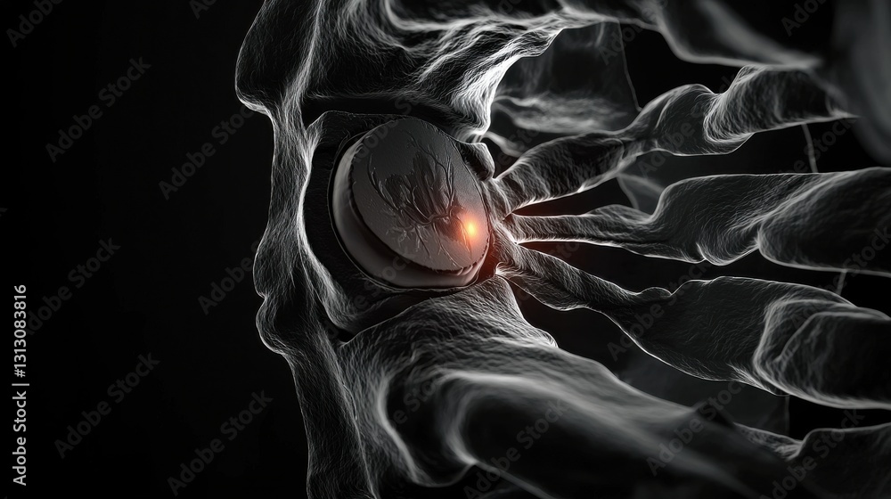 Poster a close up of a skull with a glowing red object in the middle