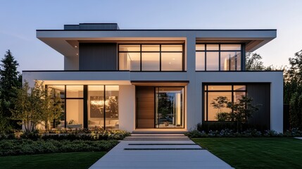 Obraz premium A contemporary home facade featuring clean lines, a minimalist design, and a stylish entrance.
