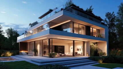 Fototapeta premium A contemporary modern villa with a rooftop terrace, glass railing, and elegant outdoor lighting.