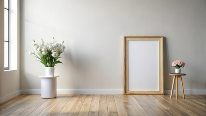 Minimalist Interior Design Mockup Featuring Blank Frame and Blooming Flowers on Wooden Floor