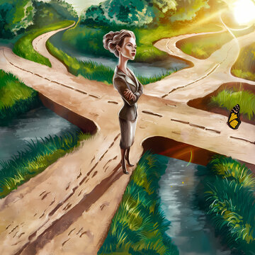 A Woman taking the time to watch the butterfly as the road traveled branches into many choices