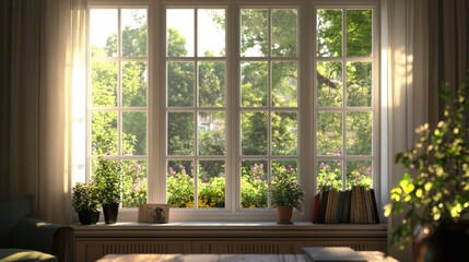 A cozy home with a glass window letting in soft morning sunlight, overlooking a garden.