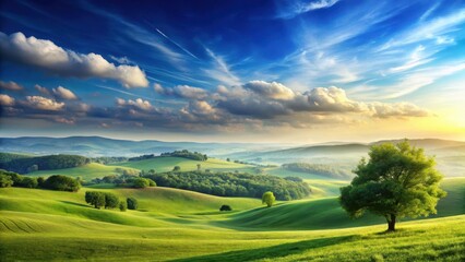 Naklejka premium Serene Rolling Hills Landscape at Sunset with Lush Green Meadows and a Solitary Tree