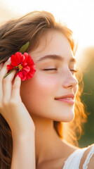 Naklejka premium Young caucasian female with red flower smiling in sunlit outdoors