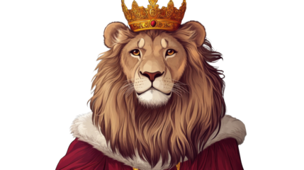 Majestic lion king wearing golden crown and red robe on transparent background