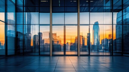 A futuristic office building with automatic glass doors, reflecting city skyscrapers.