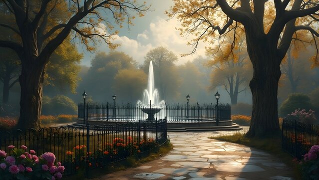 Beautiful garden with fountain and wrought iron fence