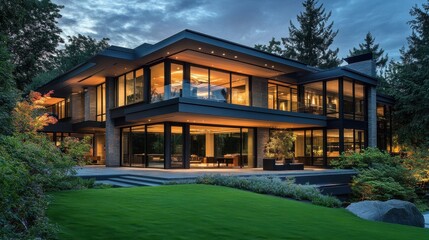 A luxurious contemporary home with a two-story glass wall, offering breathtaking natural views.