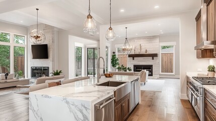 A luxurious open-concept kitchen with marble countertops, stainless steel appliances, and pendant lighting.