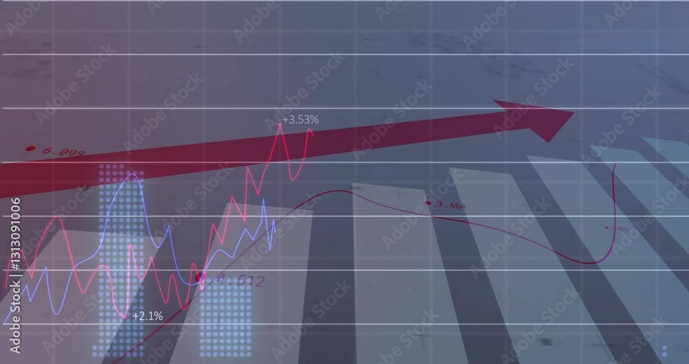 Poster animation of rising red arrow with fluctuating financial graphs on grid background