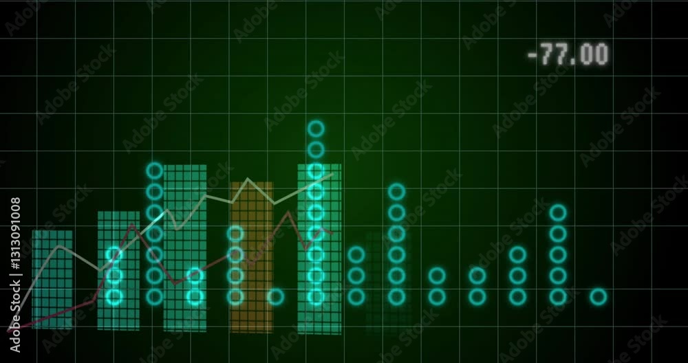 Poster displaying fluctuating data, digital bar and line graphs on green grid background