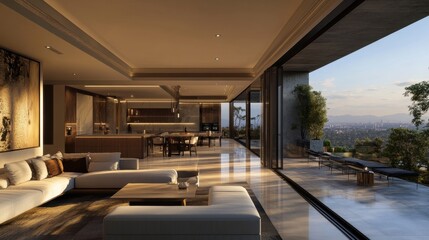 A luxury penthouse with sliding open doors, seamlessly blending indoor and outdoor spaces.