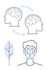 Two human heads with arrows signifying brain interaction, geometric facial recognition pattern on a head profile, tree leaf symbol. Ideal for AI, sustainability, technology, innovation
