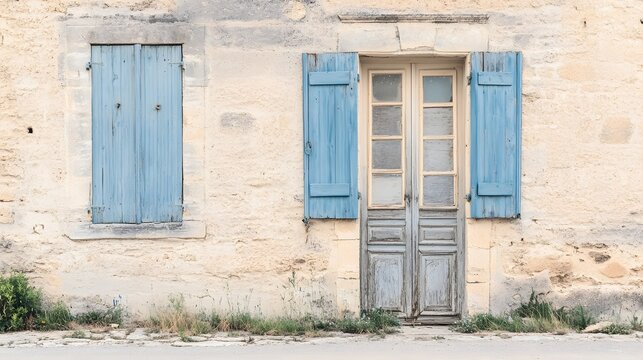 Rustic French Countryside House Exterior with Weathered Blue Shutters and Door