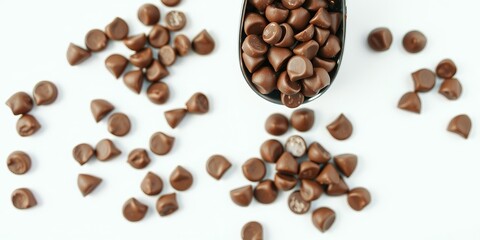 Fototapeta premium Chocolate Chips in Scoop, Top View, White Background