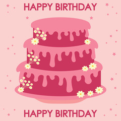 Vector Happy Birthday cute pink cake card with yellow flowers and small stars and text. Vector flat simple birthday cake card. 