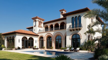 Fototapeta premium A Mediterranean villa with open arched windows, allowing a warm breeze to flow through.