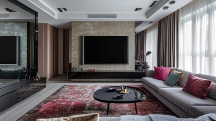 Fototapeta premium Modern living room interior with TV, sofa, and rug. Ideal for real estate, interior design, or home decor