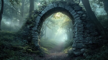 Fototapeta premium A misty forest path seen through an ancient stone door frame, evoking a sense of mystery.