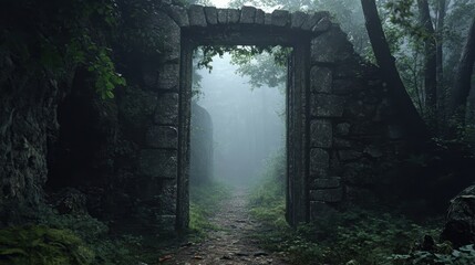 A misty forest path seen through an ancient stone door frame, evoking a sense of mystery.