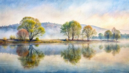 Obraz premium Serene Lakeside Dawn Trees Mirrored in Tranquil Waters, Soft Morning Light Illuminating the Peaceful Landscape