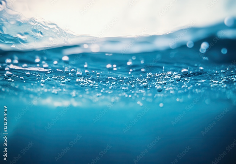 Poster tranquil underwater scene with bubbles and soft light captured from below the surface of clear aquat