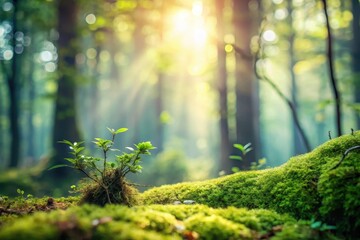 Fototapeta premium A young sprout emerges from the mossy forest floor, bathed in the golden light of the rising sun, a symbol of renewal and the enduring power of nature's cycle.