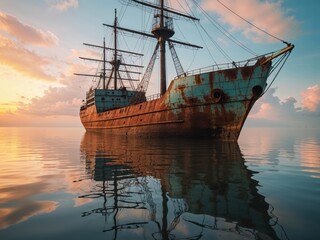 Fototapeta premium Old rusted ship wreck on calm sea at sunset