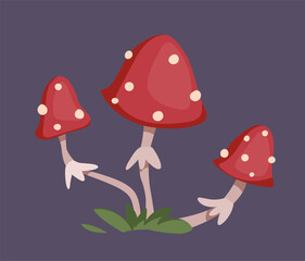 Cute Halloween Sticker. Label or badge with red poisonous fly agaric mushrooms. Trick or Treat. Design element for Halloween celebrations. Flat cartoon vector illustration isolated on background