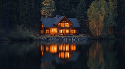 Fototapeta premium A peaceful lake reflecting a cozy cabins glowing windows at twilight.