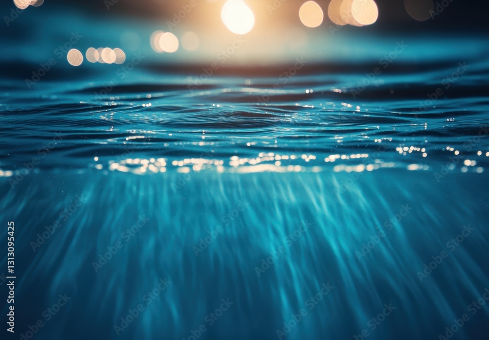 Poster tranquil water surface with glimmering sunlight reflections and soft bokeh background in serene aqua