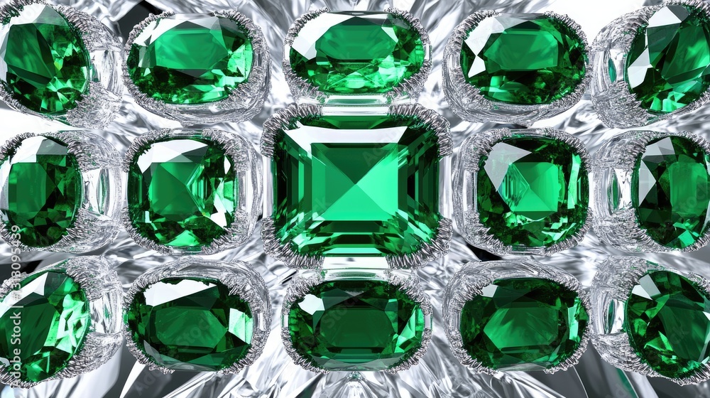 Poster luxury emeralds elegantly arranged in a symmetrical pattern on a crystal surface.