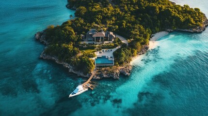 A private luxury island estate surrounded by turquoise waters, with a yacht docked nearby.
